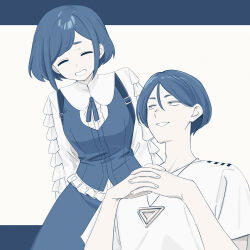 1boy 1girl closed_eyes fukurai_azami highres jewelry kisaragi_hina letterboxed looking_at_another meguriya_ayumu necklace open_mouth outside_border shirt short_hair skirt smile t-shirt toshi_densetsu_kaitai_center white_background