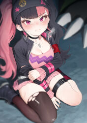 1girl absurdres armband asymmetrical_legwear beanie belt between_legs black_belt black_boots black_choker black_hair black_hat black_jacket black_nails black_skirt black_thighhighs blurry blurry_background blush boots breasts breath choker cleavage clenched_teeth crying crying_with_eyes_open fingernails hand_between_legs hand_on_floor hat highres holding_own_arm jacket jewelry large_breasts long_fingernails long_hair long_sleeves looking_at_viewer mismatched_legwear mochirong multicolored_hair nail_polish necklace on_floor palworld pink_eyes pink_hair pink_shirt red_armband shirt single_sock single_thighhigh sitting skirt socks solo split-color_hair striped_clothes striped_socks sweat tears teeth thigh_belt thigh_strap thighhighs torn_clothes torn_jacket torn_thighhighs twintails two-tone_hair uneven_legwear very_long_hair wariza zoe_rayne