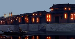 2boys architecture black_hair black_hanfu blue_sky boat building chinese_clothes east_asian_architecture glowing guqin hair_ribbon hanfu headband high_ponytail jug_(bottle) lan_wangji lantern long_hair long_sleeves modao_zushi multiple_boys ponytail red_ribbon red_sash reflection reflective_water ribbon sash sitting sky stairs stone_stairs topknot water watercraft wei_wuxian white_hanfu white_headband wide_sleeves xianduguaitan