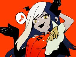 Rule 34 | 1girl, ado (utaite), black gloves, blue hair, cloud nine inc, colored skin, commentary, fang, gloves, grey skin, looking at viewer, lugosi (ado), mole, mole under eye, multicolored hair, musical note, no eyepatch, open mouth, orange shirt, riseno, shirt, show (ado), sidelocks, skin fang, sleeveless, sleeveless shirt, solo, split-color hair, spoken musical note, two-tone hair, upper body, white hair, yellow eyes