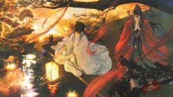 Rule 34 | 1815983628, 2boys, absurdres, black hair, black hanfu, black hat, branch, chinese clothes, chinese commentary, closed eyes, coat, coin, coin mask, coin sword, covered mouth, dao gui yi xian, dusk, eyelashes, floating hair, flower, from above, gourd, hair bun, hair ribbon, half updo, hanfu, hat, hat ribbon, highres, holed coin, jin (headwear), lantern, leaf, li huowang, long hair, long sleeves, lotus, lotus leaf, male focus, mask, mouth veil, multiple boys, open clothes, open coat, outdoors, own hands together, palms together, paper lantern, pier, praying, red coat, red ribbon, red sash, red shawl, reflection, reflective water, ribbon, ripples, river, robe, sash, scroll, seal impression, shawl, shoulder belt, single hair bun, sitting, standing, sword, sword on back, sword tassel, tassel, tree, updo, veil, water, weapon, weapon on back, white coat, white hanfu, wide sleeves, wind, zhouzi jin (headwear), zhuge yuan