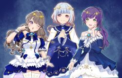 3girls 4th_live_dream_~bloom_the_dream_believers~ :d ;o absurdres artist_collaboration artist_request blue_background blue_hair blush braid breasts brown_hair closed_mouth commentary_request cowboy_shot diagonal_bangs dress flower_stand_art frilled_dress frills fujishima_megumi fujishima_megumi_(kuon_no_ginga_e) green_eyes hair_intakes head_tilt head_wreath highres large_breasts link!_like!_love_live! long_hair long_sleeves love_live! low_twin_braids misoshiru._(hss_llnl) multicolored_hair multiple_girls off-shoulder_dress off_shoulder official_alternate_costume one_eye_closed open_mouth otomune_kozue otomune_kozue_(rinne_no_ginga_e) outer_glow own_hands_together pantyhose ponytail ponytail_with_braided_base puffy_short_sleeves puffy_sleeves purple_eyes purple_hair red_eyes red_hair short_dress short_hair short_sleeves sidelocks sleeveless sleeveless_dress smile split_mouth standing star_wreath streaked_hair thighhighs twin_braids virtual_youtuber white_dress white_pantyhose white_thighhighs yugiri_tsuzuri yugiri_tsuzuri_(fukuin_no_ginga_e) zettai_ryouiki