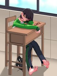 1girl absurdres barefoot black_hair blush desk feet glasses highres looking_at_viewer medium_hair mole mole_under_mouth open_mouth school_desk shoes soles toes tsukasa49003 unworn_eyewear unworn_shoes yellow_eyes