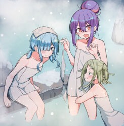 Rule 34 | 3girls, @ @, absurdres, aqua eyes, ass, assertive female, blue hair, blunt ends, blush, braid, braided bangs, bright pupils, butt crack, collarbone, colored eyelashes, commentary request, double-parted bangs, dropping, eyes visible through hair, forehead, green hair, grin, hair between eyes, hair bun, hair over one eye, highres, hugging another&#039;s leg, long bangs, medium hair, multicolored hair, multiple girls, naked towel, one side up, onsen, open mouth, orange eyes, orange streaks, original, petite, pout, purple hair, short hair, short twintails, sidelocks, sideways mouth, single hair bun, sitting, smile, steam, streaked hair, surprised, towel, towel on head, twintails, urushiushiru, v-shaped eyebrows, variant set, wading, water, wavy mouth, white pupils, yuri
