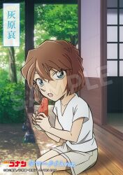 Rule 34 | 1girl, :o, anime coloring, brown hair, character name, collarbone, copyright logo, copyright notice, crossed bangs, feet out of frame, food, from side, fruit, green eyes, haibara ai, highres, holding, holding food, holding fruit, holding watermelon, looking at viewer, meitantei conan, official art, outdoors, shirt, short hair, short sleeves, shorts, shouji, sitting, sliding doors, solo, summer, tatami, tree, tree shade, veranda, watermark, watermelon, watermelon slice, white shirt, white shorts, wooden floor