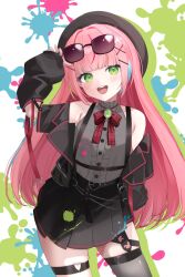 Rule 34 | 1girl, arm up, armpits, bare shoulders, belt, beret, black hat, black jacket, black skirt, bow, bowtie, center frills, cowboy shot, detached sleeves, eyewear on head, frills, green eyes, grey shirt, grey thighhighs, hanako nana, hashtag-only commentary, hat, heart, highres, jacket, long hair, long sleeves, looking at viewer, multicolored hair, off shoulder, open clothes, open jacket, open mouth, paint splatter, pink hair, pleated skirt, shirt, shirt tucked in, single thighhigh, skirt, sleeveless, sleeveless shirt, smile, solo, stellive, streaked hair, sunglasses, suspenders, thigh strap, thighhighs, very long hair, virtual youtuber, yorang