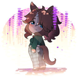 1girl animal_ears belt blue_eyes bow bowtie brown_hair casual chibi chibi_only closed_mouth clothing_cutout from_behind full_body green_bow green_bowtie green_shirt high-waist_pants high_heels highres horse_ears horse_girl horse_tail long_hair long_sleeves looking_at_viewer looking_back mejiro_palmer_(umamusume) multicolored_hair official_alternate_costume open_hand pants plaid_clothes plaid_pants ponytail shirt solo streaked_hair tail tail_through_clothes umamusume warashi white_belt white_hair
