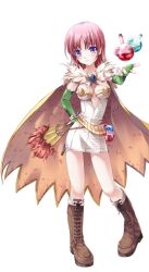 1girl alchemist_(ragnarok_online) blush boots breasts brown_boots brown_cape cape closed_mouth dress elbow_gloves fingerless_gloves flask folding_fan frown full_body fur_collar gloves green_gloves hand_fan holding holding_fan large_variant_set looking_at_viewer medium_breasts medium_hair miyase_mahiro official_art pink_hair potion purple_eyes ragnarok:_guild_masters ragnarok_online round-bottom_flask short_dress simple_background solo standing strapless strapless_dress transparent_background variant_set white_dress