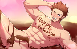 1boy abs bara blue_eyes brown_hair candy chocolate chocolate_heart chocolate_on_body chocolate_on_pectorals chocolate_on_penis completely_nude cross_scar erection facial_hair fate/grand_order fate_(series) feet_out_of_frame food food_on_body food_on_penis goatee happy_valentine heart highres large_pectorals long_sideburns male_focus mature_male minghecanyue muscular muscular_male napoleon_bonaparte_(fate) navel nipples nude one_eye_closed pectorals penis scar scar_on_chest short_hair sideburns smile solo spread_legs stomach thick_thighs thighs valentine