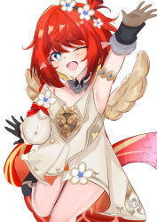 1girl ;o absurdres angel_wings armpits black_gloves blue_eyes commentary_request cross-shaped_pupils dress gloves head_wreath highres honkai:_star_rail honkai_(series) looking_at_viewer nekka_(87398o9514) one_eye_closed open_mouth pointy_ears red_hair short_hair simple_background solo symbol-shaped_pupils tribbie_(honkai:_star_rail) white_background white_dress wings
