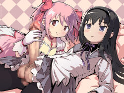 1futa 1girl :&lt; akemi_homura akemi_homura_(magical_girl) assertive_female black_hair black_hairband blush bow bow_choker bubble_skirt buttons center_frills checkered_background chest_jewel choker closed_mouth dress frilled_dress frilled_skirt frilled_sleeves frills futa_with_female futanari gem gloved_handjob gloves hair_between_eyes hair_bow hair_flip hairband hand_up handjob happy kaname_madoka kaname_madoka_(magical_girl) large_penis light_blush long_hair long_sleeves magical_girl mahou_shoujo_madoka_magica mahou_shoujo_madoka_magica_(anime) medium_hair miniskirt on_bed pantyhose penis pink_dress pink_gemstone pink_hair puffy_short_sleeves puffy_sleeves purple_bow purple_eyes purple_skirt red_bow red_choker red_eyes shirt short_dress short_sleeves short_twintails skirt smile testicles tokiatm twintails white_gloves white_skirt white_sleeves