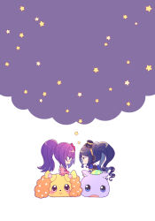 Rule 34 | 2girls, absurdres, bad id, bad pixiv id, blue hair, blunt bangs, braid, braided bangs, chibi, detached sleeves, garara s leep, hanazono shuka, hat, headphones, highres, idol time pripara, long hair, looking at another, mini hat, multiple girls, n (m ohkamotoh), pakku (pripara), ponytail, powan (pripara), pretty series, pripara, profile, puffy short sleeves, puffy sleeves, purple eyes, purple hair, short sleeves, sitting, smile, star (symbol), twintails, very long hair, yellow eyes