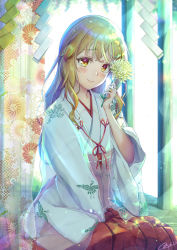 Rule 34 | 1boy, blush, fingernails, hair between eyes, hair ornament, hakama, highres, japanese clothes, jewelry, kimono, lips, long hair, looking at viewer, natsusora wakana, novady, orange eyes, orange hair, original, ring, shiny skin, sitting, smile, trap