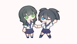 2girls ;3 black_hair black_rock_shooter blue_eyes blue_necktie blue_skirt chibi friends green_eyes holding_hands kuroi_mato mehyuew39 multiple_girls necktie one_eye_closed school_uniform serafuku short_twintails simple_background skirt takanashi_yomi twintails white_background