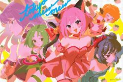 5girls aizawa_mint animal_ears bell blonde_hair blue_eyes blue_hair bow brownrabbitsart cat_ears cat_girl cat_tail choker commentary copyright_name detached_sleeves double_bun dress fong_pudding food frilled_thigh_strap fruit fujiwara_zakuro gloves green_hair hair_bun jingle_bell long_hair magical_girl masha_(tokyo_mew_mew) mew_ichigo mew_lettuce mew_mint mew_pudding mew_zakuro midorikawa_lettuce momomiya_ichigo monkey_ears monkey_girl multiple_girls open_mouth pink_choker pink_dress pink_eyes pink_hair puffy_detached_sleeves puffy_sleeves purple_eyes purple_hair red_gloves short_hair smile strawberry symbol-only_commentary tail tail_bell tail_bow tail_ornament thigh_strap tokyo_mew_mew wings wolf_ears wolf_girl