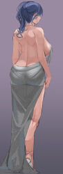 1girl absurdres ass azur_lane backless_dress backless_outfit blue_hair boxingwanla breasts butt_crack dress evening_gown from_behind full_body glitter_dress grey_background grey_dress highres large_breasts simple_background solo st._louis_(azur_lane) st._louis_(luxurious_wheels)_(azur_lane)