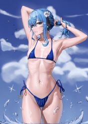Rule 34 | 1girl, absurdres, armpits, arms up, bikini, blue bikini, blue eyes, blue hair, blue sky, breasts, cloud, collarbone, cowboy shot, day, flower, hair flower, hair ornament, highres, hololive, hoshimachi suisei, khione (yukhione), navel, ocean, outdoors, parted lips, side-tie bikini bottom, sky, small breasts, solo, stomach, swimsuit, virtual youtuber, wading, water, white flower