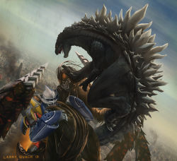 2013 battle building cityscape claws commentary dated drill drill_hand epic fangs flying godzilla godzilla_(series) holding jaws jet_jaguar kaiju larry_quach mecha megalon monster realistic riding robot science_fiction signature smack smoke spikes tail thrusters