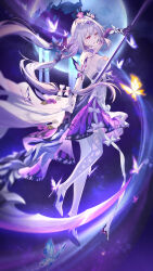 1boy 5plus absurdres bare_shoulders black_tiara blue_butterfly boots bow breasts bug butterfly castorice_(honkai:_star_rail) commentary crack dress dress_bow dress_flower elbow_gloves floating_hair flower from_side full_body full_moon gloves glowing glowing_butterfly glowing_weapon hair_flower hair_ornament high_heel_boots high_heels highres holding holding_scythe holding_weapon honkai:_star_rail honkai_(series) insect large_breasts light_trail long_hair looking_at_viewer low_twintails midair moon moonlight night night_sky parted_lips pointy_ears purple_butterfly purple_eyes purple_gloves purple_hair scythe sideboob sidelocks sky sleeveless sleeveless_dress solo star_(sky) starry_sky thighhighs thighs tiara twintails two-tone_dress very_long_hair weapon white_bow white_dress white_thighhighs