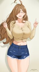 1girl :d ^_^ ahoge alternate_costume beige_shirt blue_shorts blush breasts brown_hair cleavage closed_eyes collarbone commentary contemporary cross cross_earrings cutoffs denim denim_shorts earrings english_commentary facing_viewer hair_over_one_eye high-waist_shorts highres index_finger_raised jewelry kono_subarashii_sekai_ni_shukufuku_wo! large_breasts latin_cross long_hair long_sleeves midriff navel open_mouth ribbed_shirt sendo_(sendrawz) shirt short_shorts shorts smile thighs v wiz_(konosuba)