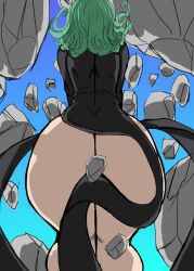 1girl absurdres ass black_dress charge_sol dress from_behind green_hair highres huge_ass medium_hair one-punch_man rock tatsumaki thighs