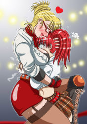 2girls @_@ asphyxiation between_breasts black_bra blonde_hair blush bra breast_smother breasts candy_cane_(rumble_roses) glasses head_between_breasts heart lingerie miss_spencer multiple_girls ponytail red_hair rumble_roses smother underwear yuri