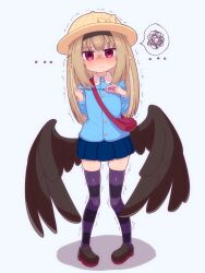 1girl absurdres bag black_boots blonde_hair blue_shirt blue_skirt boots crime_prevention_buzzer dark_feather_alma emil_chronicle_online hat highres kindergarten_uniform long_hair pointy_ears purple_thighhighs red_eyes rna0 scared school_hat shirt shoulder_bag skirt standing striped_clothes striped_thighhighs tearing_up thighhighs trembling
