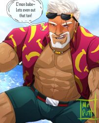 1boy abs bara bare_pectorals beard belt blue_shorts blush bulge cobra_(dave_the_diver) commentary connected_beard dave_the_diver drunk english_commentary english_text eyewear_on_head hawaiian_shirt highres jewelry licking_lips male_focus mature_male mrputt muscular muscular_male necklace open_clothes open_shirt pectorals scar scar_across_eye scar_on_face shirt short_hair short_sleeves shorts shredded_muscles signature solo speech_bubble sunglasses tan tongue tongue_out veins veiny_arms