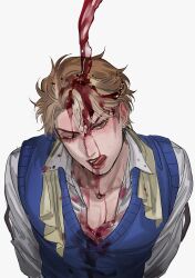 1boy :q alcohol blonde_hair blush bottle bustersiri cup dio_brando drinking drinking_glass ear_birthmark glaring highres jojo_no_kimyou_na_bouken licking_lips looking_at_viewer male_focus one_eye_closed phantom_blood portrait pouring red_eyes red_wine shirt simple_background solo spill spilling stain sweater_vest tongue tongue_out wet wet_clothes wet_hair wet_shirt white_background wine wine_bottle wine_glass