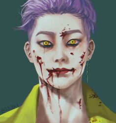 Rule 34 | 1boy, 23i2ko, bags under eyes, blood, blood on clothes, blood on face, blood splatter, coat, constricted pupils, crazy eyes, dead by daylight, green background, hair slicked back, head tilt, highres, looking at viewer, makeup, male focus, portrait, purple hair, runny makeup, short hair, simple background, solo, the trickster (dead by daylight), yellow coat, yellow eyes