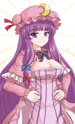 1girl bad_link breasts cleavage crescent crescent_hair_ornament crescent_hat_ornament crescent_pin dress hair_ornament hat hat_ornament highres mob_cap namiki_(remiter00) pajamas patchouli_knowledge purple_eyes purple_hair simple_background smile solo striped_clothes striped_dress touhou