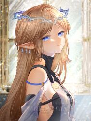 1girl artist_name bare_shoulders black_collar blonde_hair blue_eyes breasts cartethyia_(wuthering_waves) character_name closed_mouth collar commentary crown_of_thorns earrings english_commentary from_side highres jewelry light_blush long_hair looking_at_viewer looking_to_the_side parted_bangs pointy_ears sidelocks small_breasts smile solo sylphynia tacet_mark_(wuthering_waves) window wuthering_waves