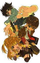 1girl 2boys absurdres amane_misa barefoot black_dress black_hair blonde_hair breasts brown_hair brown_jacket death_note death_note_(object) dress empty_eyes highres holding holding_pen jacket kicking l_(death_note) multiple_boys necktie pen red_necktie simple_background tongue two_side_up white_background xi_luo_an_ya yagami_light