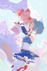2girls bare_shoulders belt blue_hair blue_skirt bow cape commentary detached_sleeves dress fortissimo frilled_dress frilled_socks frills gloves hair_bow hair_ornament highres hug kaname_madoka kaname_madoka_(magical_girl) magical_girl mahou_shoujo_madoka_magica mahou_shoujo_madoka_magica_(anime) miki_sayaka miki_sayaka_(magical_girl) multiple_girls musical_note musical_note_hair_ornament pink_hair pleated_skirt red_shoes shoes short_hair short_twintails skirt smile socks thigh_belt thigh_strap thighhighs twintails un_nm5sy white_cape white_gloves white_thighhighs yuri