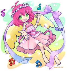 1girl :d antenna_hair armband artist_name barefoot border deformed flower_wreath full_body fur-trimmed_shirt fur_trim green_eyes hand_up happy harpy_(puyopuyo) head_wreath hip_vent knee_up long_skirt looking_at_viewer medium_hair multicolored_background musical_note official_style open_hand open_mouth outstretched_arm pink_armband pink_hair pink_ribbon pink_shirt pink_skirt pleated_skirt puyopuyo puyopuyo_quest reaching reaching_towards_viewer ribbon ribbon_border shirt skirt smile solo spaghetti_strap takazaki_piko waist_ribbon white_border yellow_wings
