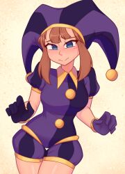 1girl a_hat_in_time absurdres aged_up alternate_color asymmetrical_gloves blue_eyes blush breasts brown_hair contrapposto cosplay cowboy_shot gloves hat hat_bell hat_kid highres jester jester_cap large_breasts medium_hair mismatched_gloves multicolored_hat pomni_(the_amazing_digital_circus) pomni_(the_amazing_digital_circus)_(cosplay) purple_gloves purple_hat short_sleeves solo striped_clothes striped_headwear the_amazing_digital_circus thigh_gap vertical-striped_bodysuit vertical-striped_clothes vertical-striped_headwear xyronii