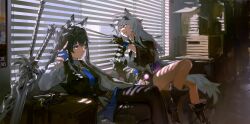 2girls absurdres animal_ear_fluff animal_ears arknights black_footwear black_gloves black_jacket black_vest blue_eyes blue_gloves box candy collared_shirt couch fingerless_gloves food gloves grey_hair highres index_finger_raised jacket kou_zhua lappland_(arknights) lappland_(refined_horrormare)_(arknights) lollipop long_hair looking_outside multiple_girls official_alternate_costume scar scar_across_eye scar_on_face shirt sitting sword texas_(arknights) texas_the_omertosa_(arknights) texas_the_omertosa_(wingbreaker)_(arknights) vest weapon white_shirt window window_blinds wolf_ears wolf_girl yellow_eyes
