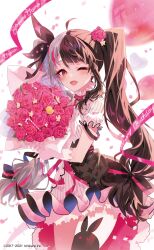 1girl 2017 2021 absurdres arutera black_hair blush bow cross-shaped_pupils dress english_text flower gloves highres multicolored_hair nijisanji one_eye_closed open_mouth rabbit red_eyes ribbon rose skirt smile symbol-shaped_pupils twintails two-tone_hair virtual_youtuber white_hair yorumi_rena