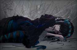 1girl ado_(utaite) aishite_aishite_aishite_(vocaloid) black_dress black_hair black_pantyhose blue_eyes blue_hair blue_nails blue_ribbon chando_(ado) chromatic_aberration commentary_request dress finger_in_own_mouth headdress highres long_hair lying nail_polish on_side open_mouth pantyhose ribbon shoko_(gs_music11) solo thorns utaite