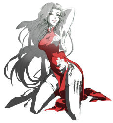 1girl black_lagoon breasts chinese_clothes dress grin knife looking_ahead looking_at_viewer medium_breasts red_dress ryutuki05 shenhua side_slit smile solo spot_color thigh_strap