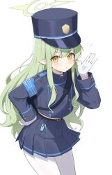 1girl absurdres armband backpack bag blue_archive blue_shirt blue_skirt buttons closed_mouth cone_(arca_live) cowboy_shot crop_top crop_top_overhang double-breasted gloves green_hair halo hand_on_own_hip hand_up high-waist_skirt highres hikari_(blue_archive) long_hair long_sleeves looking_at_viewer midriff_peek miniskirt pantyhose pleated_skirt pointy_ears shirt simple_background skirt solo v-shaped_eyebrows very_long_hair white_background white_gloves white_pantyhose yellow_eyes