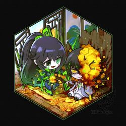 Rule 34 | 2boys, anger vein, armor, black armor, black background, black hair, blood, blood from mouth, blood on clothes, blood on face, branch, brown footwear, chibi, chibi only, cube, e.g.o (project moon), flaw eight, flower, glaive (polearm), half updo, hanbok, heterochromia, high ponytail, holding, holding branch, holding polearm, holding weapon, hong lu (project moon), k corp. (identity) (project moon), korean clothes, lattice, limbus company, long hair, long sleeves, looking at another, male focus, multiple boys, ofuda, open mouth, polearm, ponytail, project moon, sandals, short hair, signature, sitting, smile, spicebush (e.g.o), standing, technology liberation alliance (identity) (project moon), tube, weapon, white hanbok, wide sleeves, yellow eyes, yellow flower, yi sang (project moon)