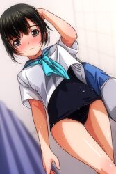 1girl arm_up bag black_hair black_one-piece_swimsuit black_school_swimsuit blue_neckerchief blush brown_eyes curtains hand_on_own_head looking_at_viewer matsunaga_kouyou neckerchief one-piece_swimsuit open_mouth original school_swimsuit school_uniform shirt short_hair short_sleeves shoulder_bag standing swimsuit swimsuit_under_clothes wet white_shirt