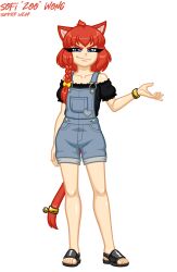 1girl :3 ahoge alternate_costume animal_ear_fluff animal_ears bad_tag bangle bare_arms bare_legs bare_shoulders bell blue_eyes bow bracelet braid casual cat_ears cat_girl cat_tail closed_mouth collarbone denim flat_chest full_body hair_bow hair_ornament hair_over_shoulder hair_ribbon hand_up highres jewelry jingle_bell looking_at_viewer off_shoulder original overall_shorts overalls patch pocket red_hair ribbon rock_candy sandals shiny_skin shirt shoes short_hair short_sleeves single_braid smile smug sofi_&quot;zoo&quot;_wong_(rock_candy) solo standing tail tail_ornament thick_eyelashes vector_art