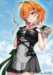 1girl ahoge black_choker black_gloves black_skirt breasts choker fingerless_gloves gloves green_eyes grey_sailor_collar hair_between_eyes hair_ornament hairclip huge_ahoge kantai_collection kaya_(kancolle) looking_at_viewer medium_breasts miniskirt orange_hair pleated_skirt ruin_re_birth sailor_collar school_uniform serafuku short_hair short_sleeves skirt smile solo