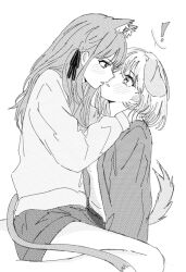 Rule 34 | !, 2girls, animal ears, bang dream!, bang dream! it&#039;s mygo!!!!!, blush, cat ears, cat girl, cat tail, dog ears, dog girl, dog tail, eye contact, greyscale, hair ribbon, hand on another&#039;s shoulder, highres, imminent kiss, kemonomimi mode, long hair, long sleeves, looking at another, medium hair, misumi uika, monochrome, multiple girls, parted lips, ribbon, shorts, sitting, sitting on lap, sitting on person, spoken exclamation mark, tail, togawa sakiko, two side up, uikays, yuri