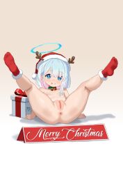 1girl :p absurdres anus arona_(blue_archive) blue_archive blue_eyes blue_hair blue_halo blush braid christmas colored_inner_hair fake_antlers flat_chest fur-trimmed_socks gift halo harioqi hat highres loli looking_at_viewer lying merry_christmas multicolored_hair nipples nude on_back pink_hair presenting pussy red_socks santa_hat shadow side_braid single_braid socks soles solo spread_legs thighs tongue tongue_out uncensored