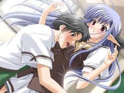 00s 1boy 1girl blouse blue_hair blush game_cg green_shirt long_hair nerine official_art pointy_ears red_eyes school_uniform serafuku shirt shuffle! suzuhira_hiro tsuchimi_rin white_shirt