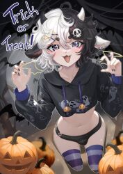 Rule 34 | &gt;:d, 1boy, :3, animal ears, bat (animal), bat wings, black hair, black nails, black panties, blush, bulge, claw pose, crossdressing, crossdressing (mtf), curly hair, dark background, dead tree, earrings, eyelashes, fang, goat ears, goat horns, hair between eyes, hair ornament, hairpin, halloween, highres, hood, hoodie, horns, jewelry, looking at viewer, makeup, medium hair, midriff, milkyray, moon, moonlight, multicolored hair, narrow waist, navel, open mouth, original, pale skin, panties, pink eyes, pumpkin, purple eyes, skull hair ornament, solo, striped clothes, thick eyebrows, thighhighs, trap, trick or treat, two-tone hair, underwear, v, white hair, wings