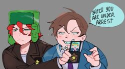 2boys ahoge black_eyes blue_jacket brown_hair brown_jacket closed_mouth collared_shirt commentary curly_hair english_commentary english_text eric_cartman evil_smile green_eyes green_hat grey_background hair_between_eyes hand_up hat holding holding_id_card id_card jacket kyle_broflovski lapels long_sleeves looking_afar male_focus multiple_boys necktie open_clothes open_jacket purple_necktie red_hair shirt sillymechi simple_background smile south_park speech_bubble star_(symbol) star_print suit_jacket t-shirt teeth upper_body v-shaped_eyebrows white_shirt